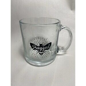 Unbranded Buzzed Clear Glass Coffee mug 12 Oz  Black Print Honey Bee